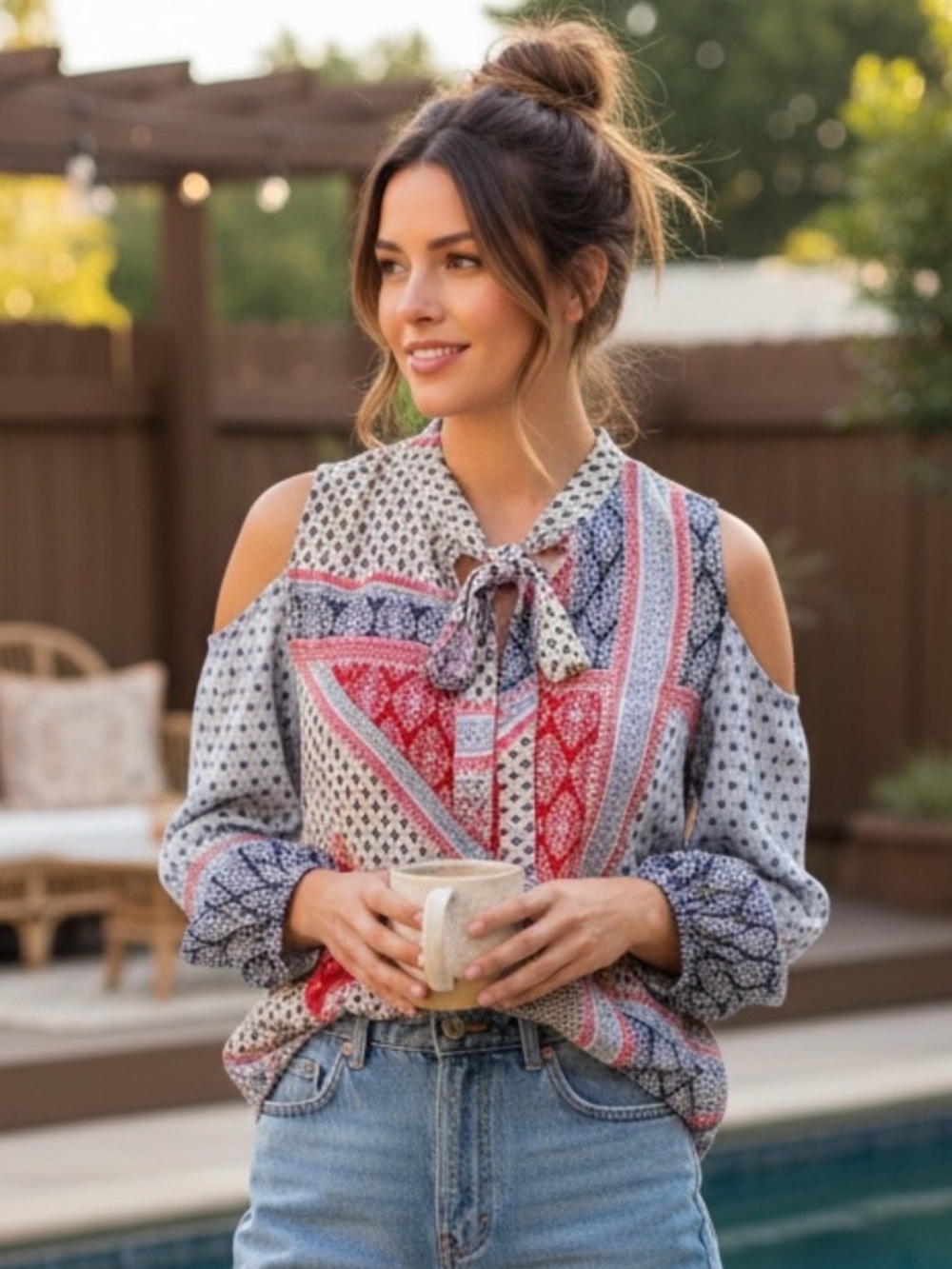 Chico’s Sz 3 EUC Cold Shoulder Blouse Bandana Festival Western Rodeo Top XL16-18